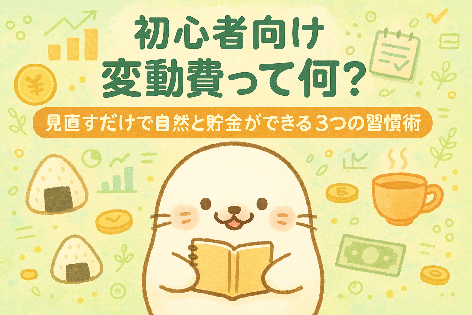 「初心者向け変動費とは？」をテーマにしたイラストバナー。白いアザラシのキャラクターが本を手にほほ笑み、背景にはおにぎり・コイン・グラフ・家計簿アイコンなどが描かれている。変動費の見直しだけで自然に貯金できる3つの節約習慣を紹介する、家計管理初心者に向けた解説コンテンツ用画像。