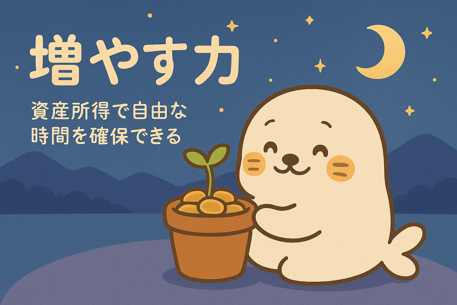 「増やす力」をテーマにしたイラストバナー。白いアザラシのキャラクターが月夜の下、金の芽が育つ植木鉢を大切に抱えている。資産運用や投資によって、自由な時間を手に入れるというメッセージを伝える初心者向けマネー教育コンテンツの視覚素材。