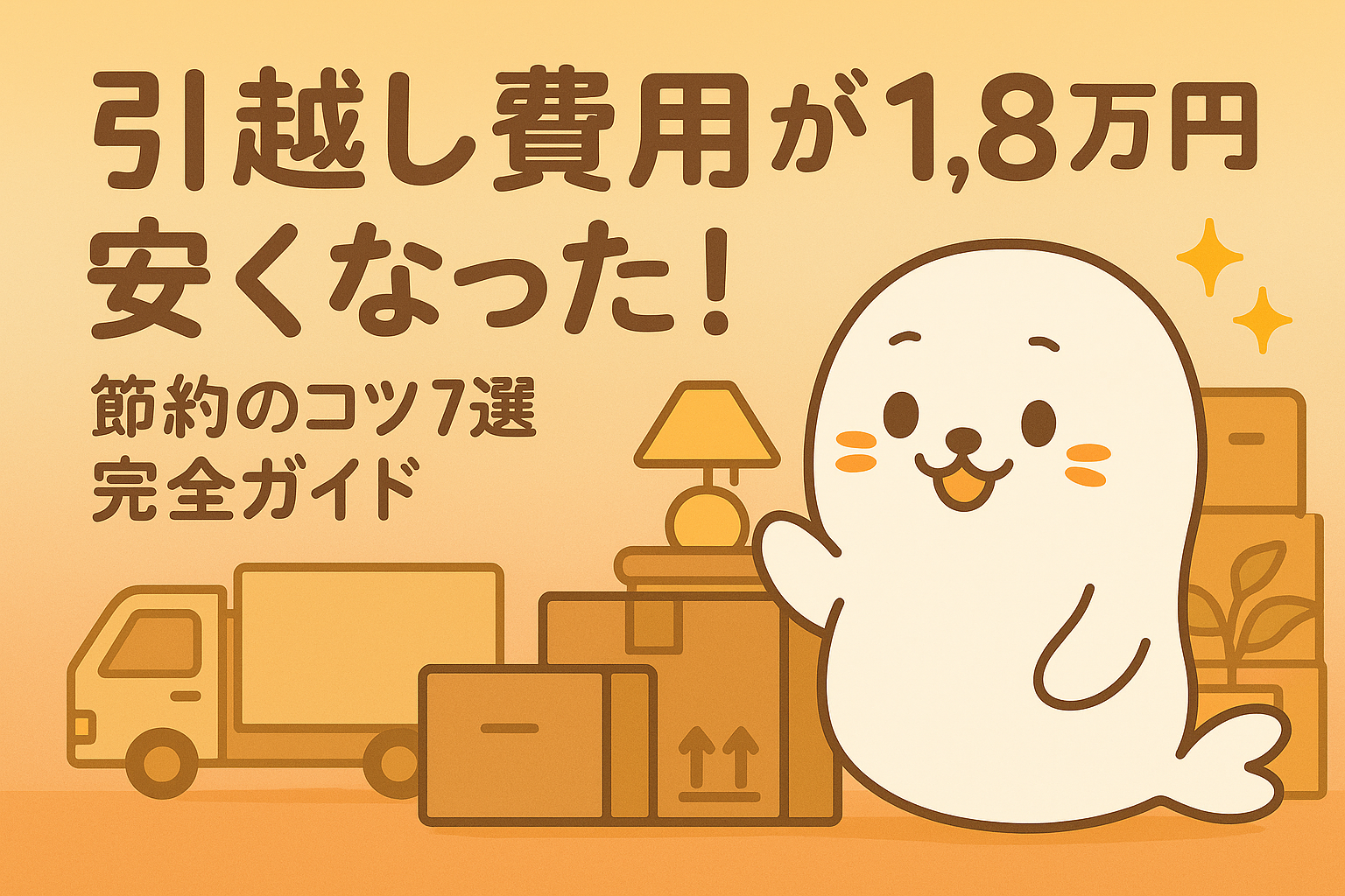 引っ越し費用を1.8万円節約できた体験談を紹介するイラストバナー。アザラシのキャラクターが引っ越し荷物やトラック、ダンボールに囲まれて微笑んでいる。節約のコツ7選をまとめた初心者向け引越し費用削減ガイドのリンク用画像。