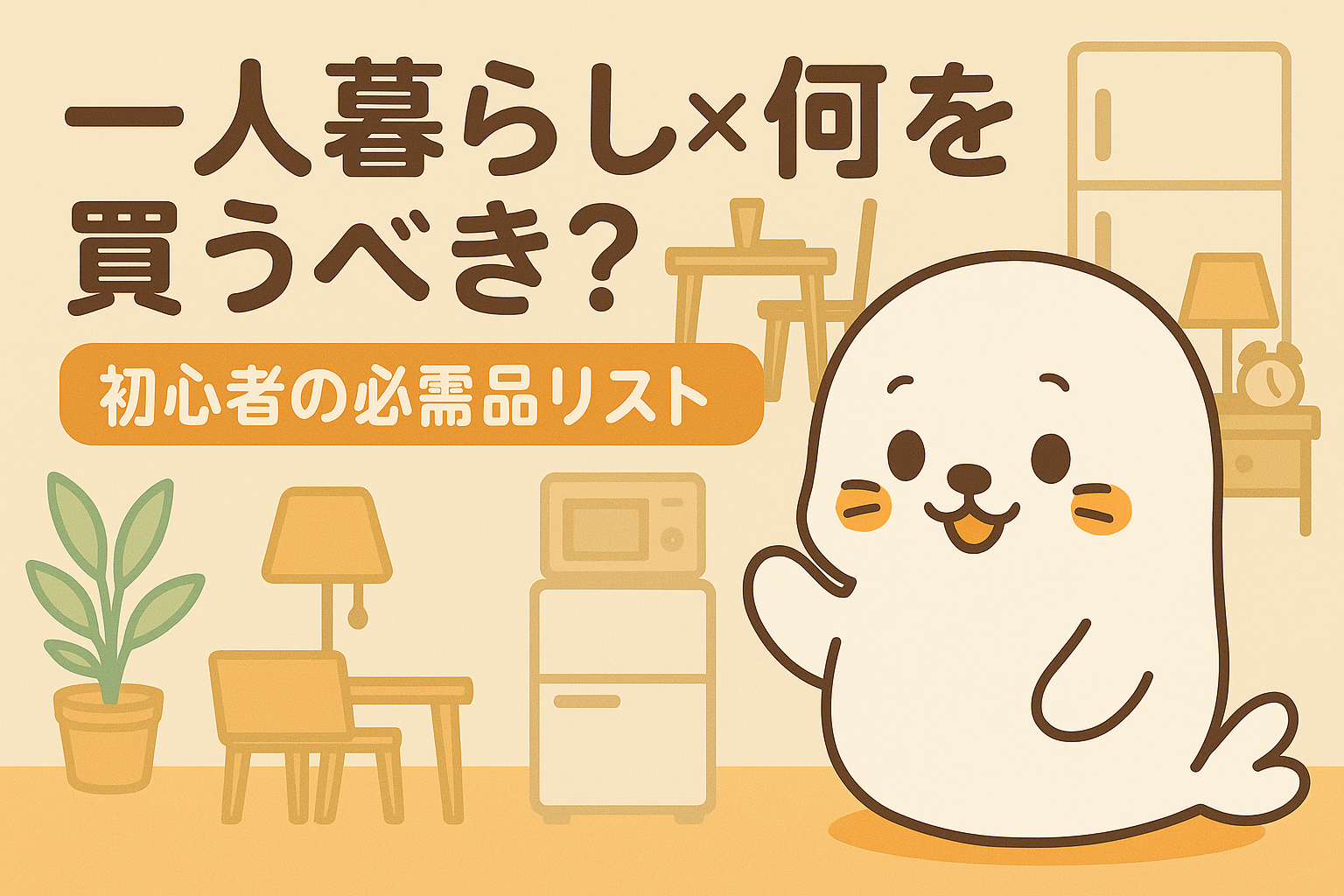 「一人暮らし×何を買うべき？」をテーマにしたイラストバナー。白いアザラシのキャラクターが冷蔵庫や電子レンジ、家具に囲まれながら微笑んでいる。初心者が揃えるべき生活必需品リストを紹介する、引越し準備・新生活スタート向けのリンク用画像。