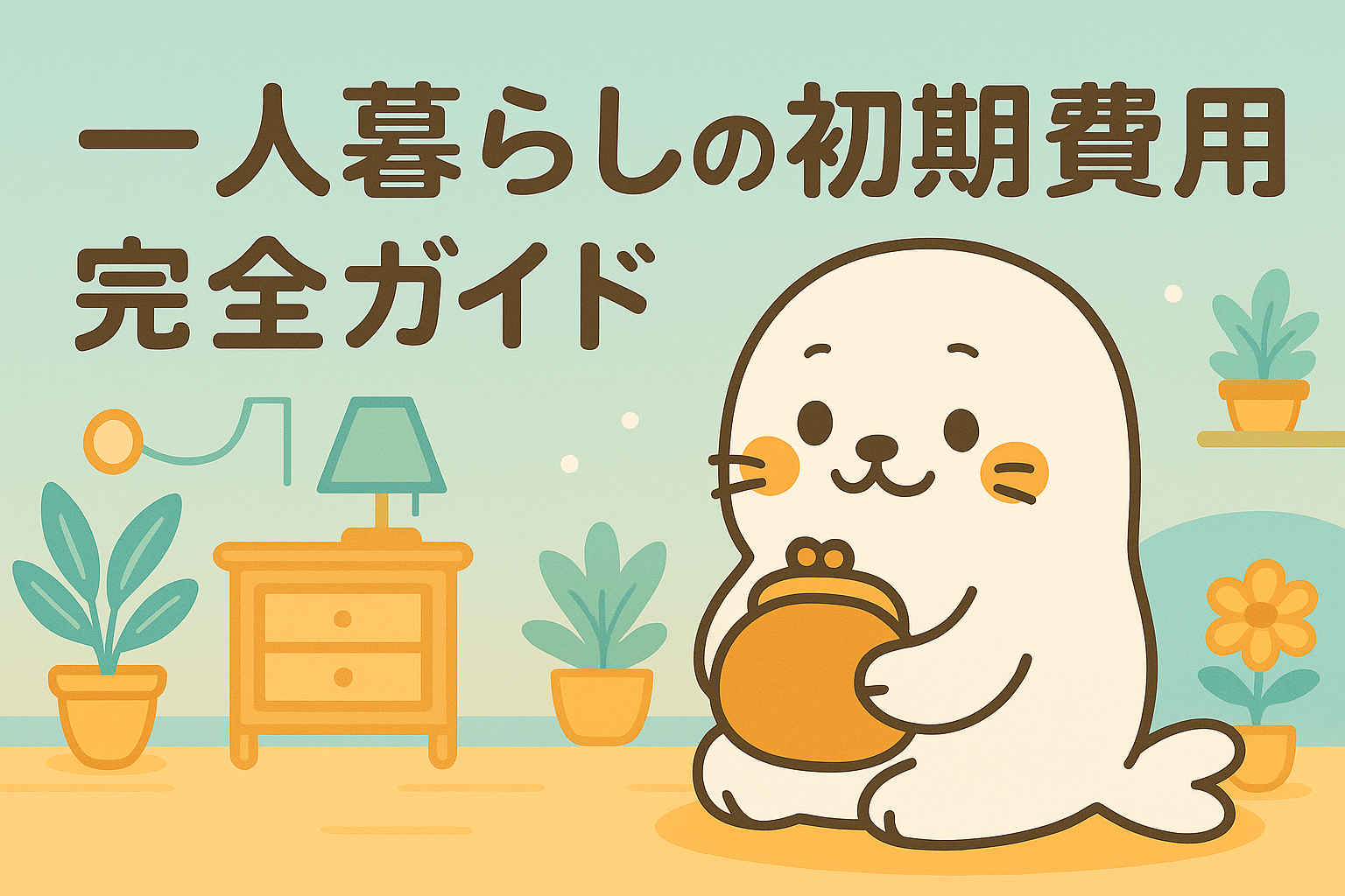 一人暮らしを始める際にかかる初期費用を解説するイラストバナー。白いアザラシのキャラクターががま口財布を持ち、観葉植物や家具に囲まれた部屋でにっこりと微笑んでいる。敷金・礼金・家具家電などの費用内訳や節約のポイントをまとめた初心者向けガイドのリンク画像。