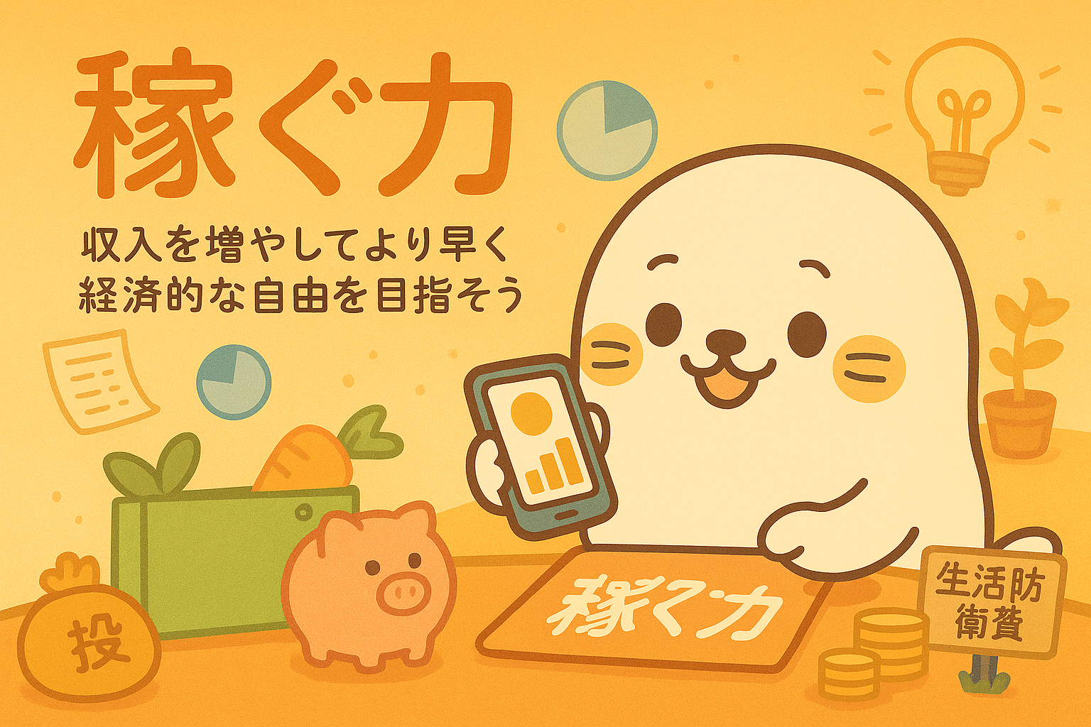 「稼ぐ力」をテーマにしたイラストバナー。白いアザラシのキャラクターがスマホを手に笑顔で登場し、貯金箱・生活防衛費・野菜・投資袋などが周囲に描かれている。収入を増やし、経済的な自由を目指す初心者向けマネー学習コンテンツのリンク用画像。