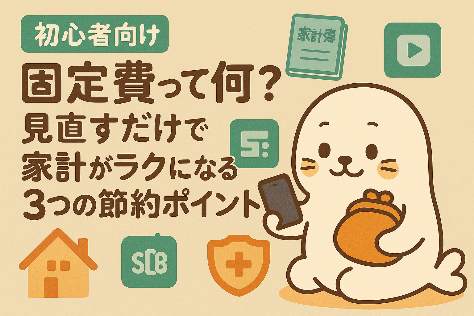 「固定費って何？」をテーマにした初心者向け家計見直しガイドのイラストバナー。白いアザラシのキャラクターがスマホと財布を手に持ち、住居費・通信費・保険などのアイコンとともに節約のヒントを紹介。家計がラクになる3つの節約ポイントを伝えるリンク用画像。