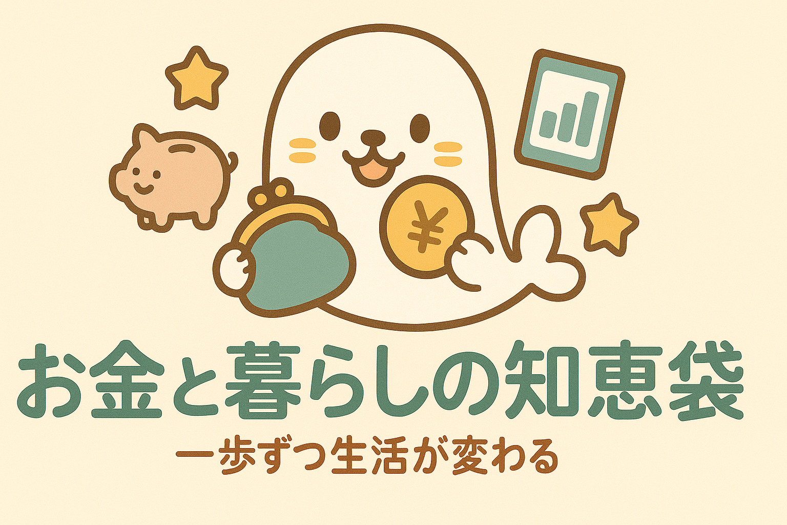 「お金と暮らしの知恵袋」のブログタイトルバナー。白いアザラシのキャラクターががま口財布とコインを手に持ち、周囲には貯金箱やグラフ、星のアイコンがちりばめられている。お金に関する知識をやさしく学び、生活を一歩ずつ良くしていくことをテーマにしたトップページ用イラスト。