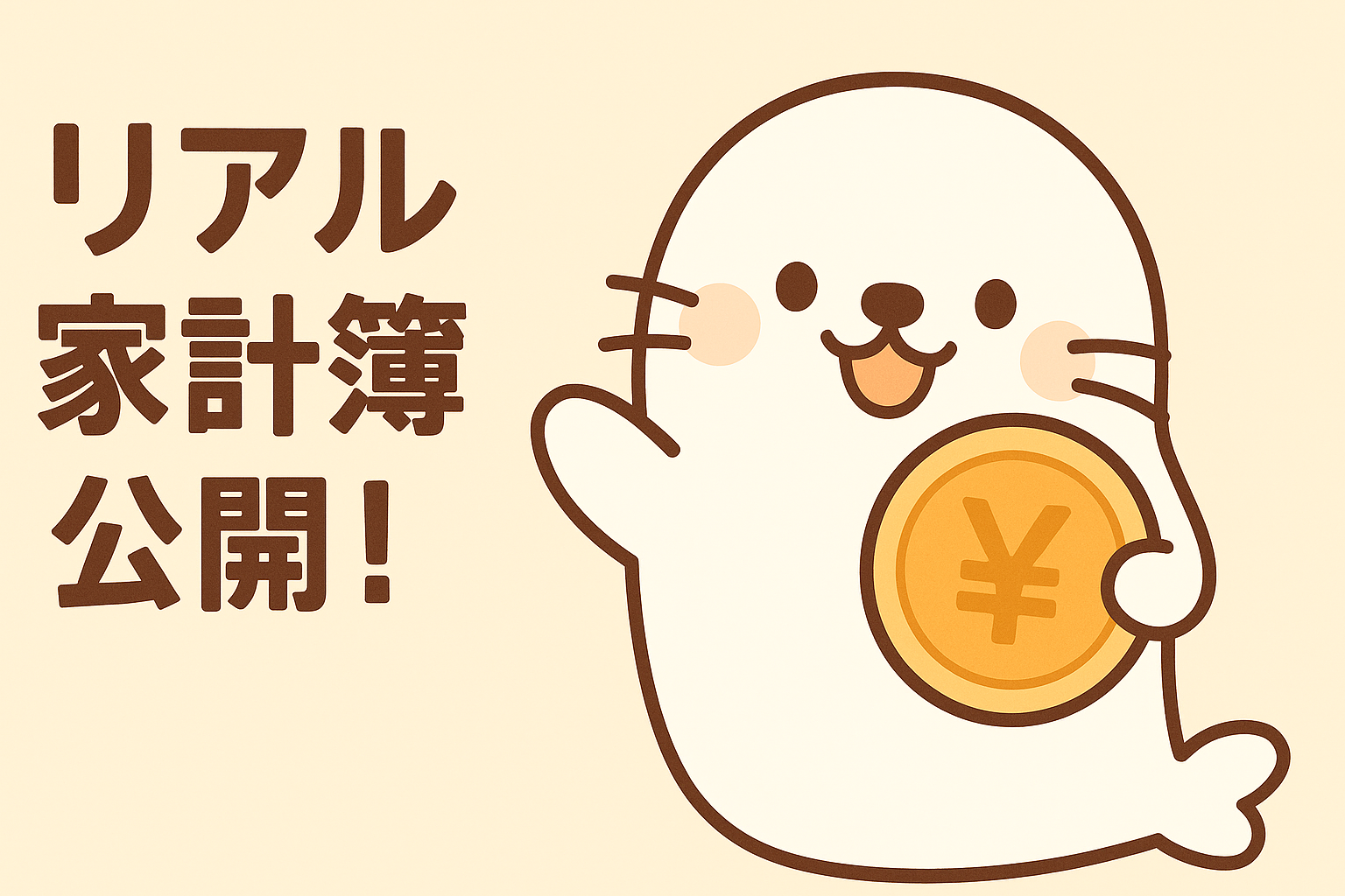 リアルな家計簿の内容を公開することを告知するイラストバナー。白いアザラシのキャラクターが大きな円形の「円マーク入りコイン」を持って笑顔で登場し、実際の支出や節約実績を公開するブログ記事のリンク画像として使用。初心者向けの家計管理の参考として実体験ベースの情報を伝える構成。