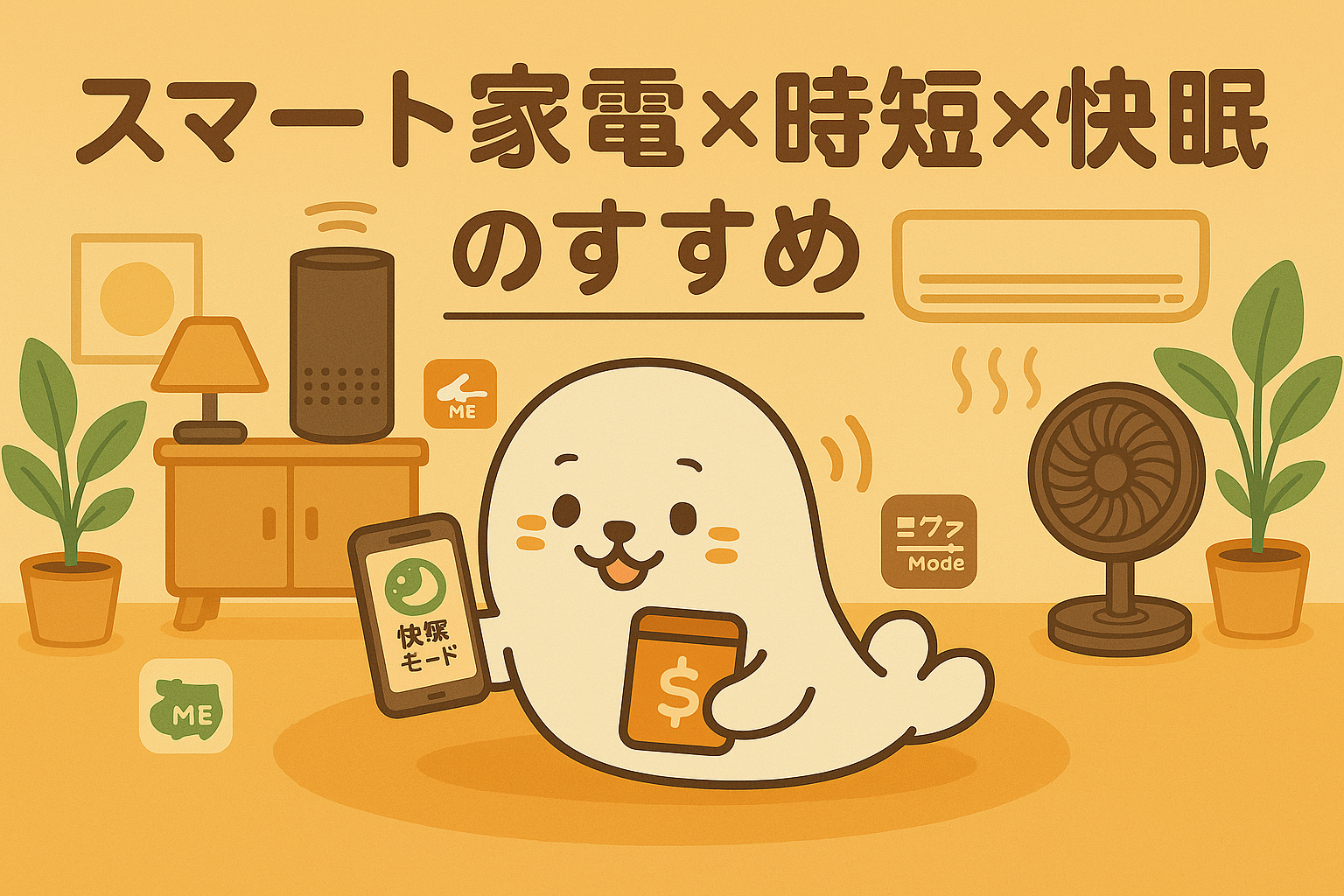 スマート家電で時短・快眠・節約を叶える生活術を紹介するイラスト。白いアザラシのキャラクターがスマホで「快眠モード」を操作し、スピーカーやエアコン、扇風機といったスマート家電に囲まれて快適に過ごす様子。初心者にもわかりやすい、省エネ&時短の暮らし提案バナー画像。