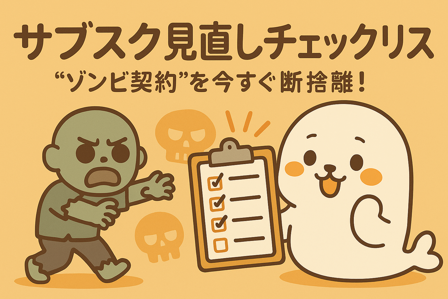 不要なサブスク契約（ゾンビ契約）を見直すためのチェックリストを紹介するイラストバナー。白いアザラシのキャラクターがチェックリストを掲げ、ゾンビ風のキャラが近づいてくる構図で、無駄な支出を断捨離することの重要性をユーモラスに表現。固定費削減・家計改善を促すリンク用画像。