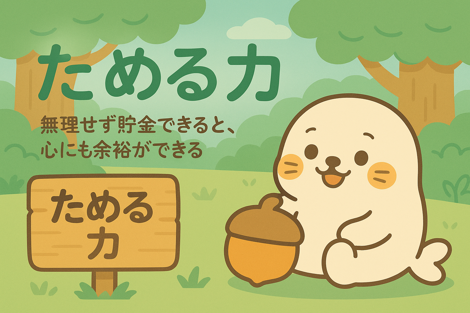 森の中で大きなどんぐりを抱え、『ためる力』と描かれた看板の横に座る白いアザラシのキャラクター。『無理せず貯金できると、心にも余裕ができる』というメッセージ入り。