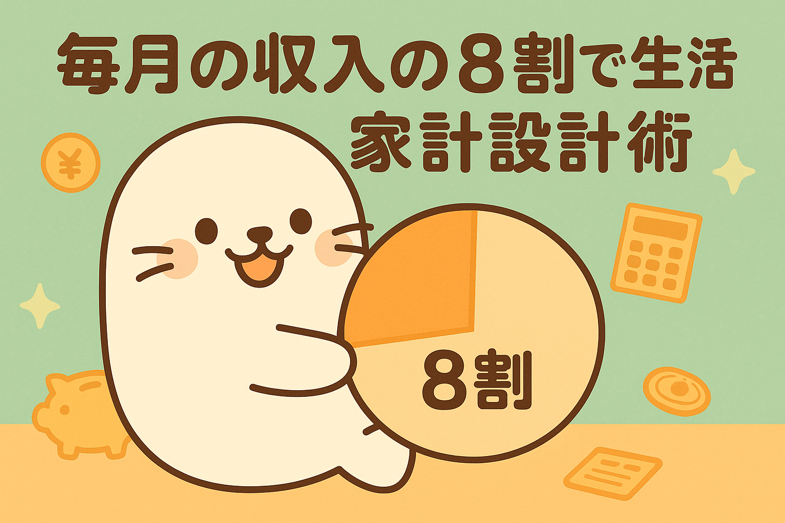 「毎月の収入の8割で生活 家計設計術」の文字と、グラフを持ってにっこり笑うあざらしちゃんのイラスト。