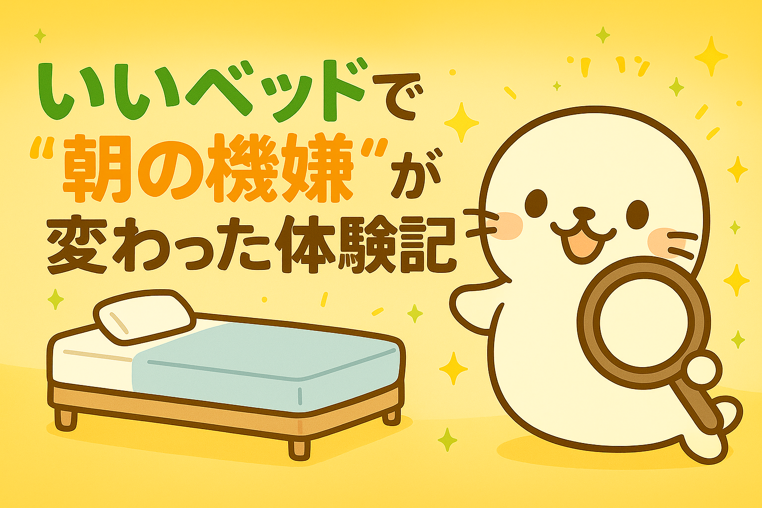 ベッドとルーペを持ったあざらしキャラクターのイラスト。「いいベッドで“朝の機嫌”が変わった体験記」の文字入り。