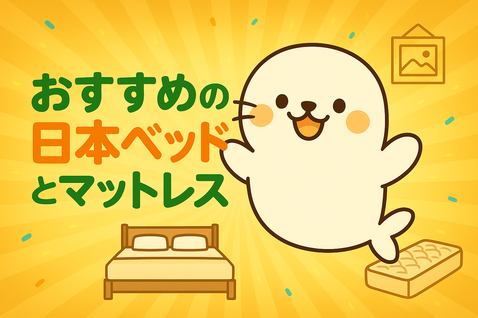 おすすめの日本ベッドとマットレスを紹介するあざらしちゃんのイラスト。ベッドとマットレスのアイコン付き。