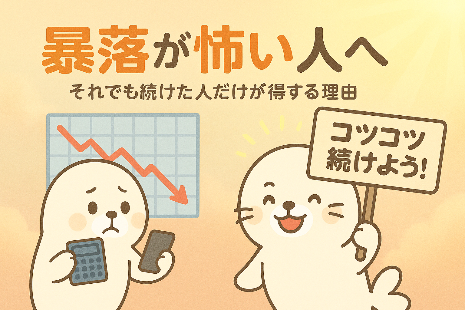 株価暴落のチャートを前に不安な表情のあざらしちゃんと、「コツコツ続けよう！」と励ます笑顔のあざらしちゃんが描かれたイラスト。