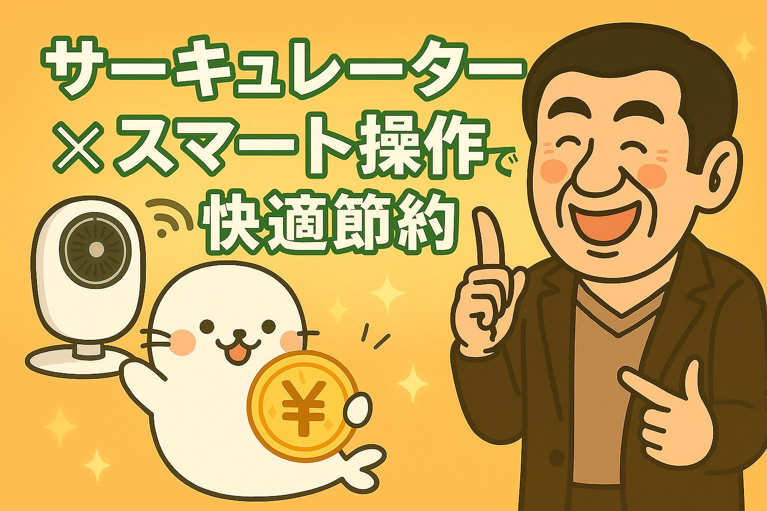 サーキュレーターをスマート操作して節電・節約する方法を説明するイラスト。あざらしちゃんがコインを持ち、男性が指差しする姿が描かれている。