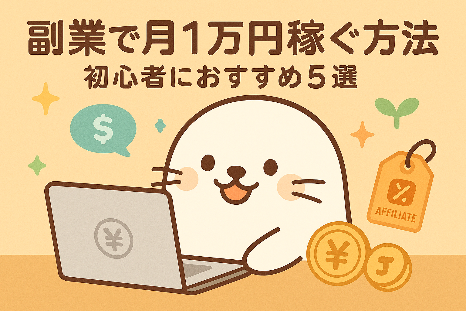 ノートパソコンで作業するあざらしちゃんのイラストと、「副業で月1万円稼ぐ方法 初心者におすすめ5選」というテキスト。コインやアフィリエイトタグのアイコンが添えられている。