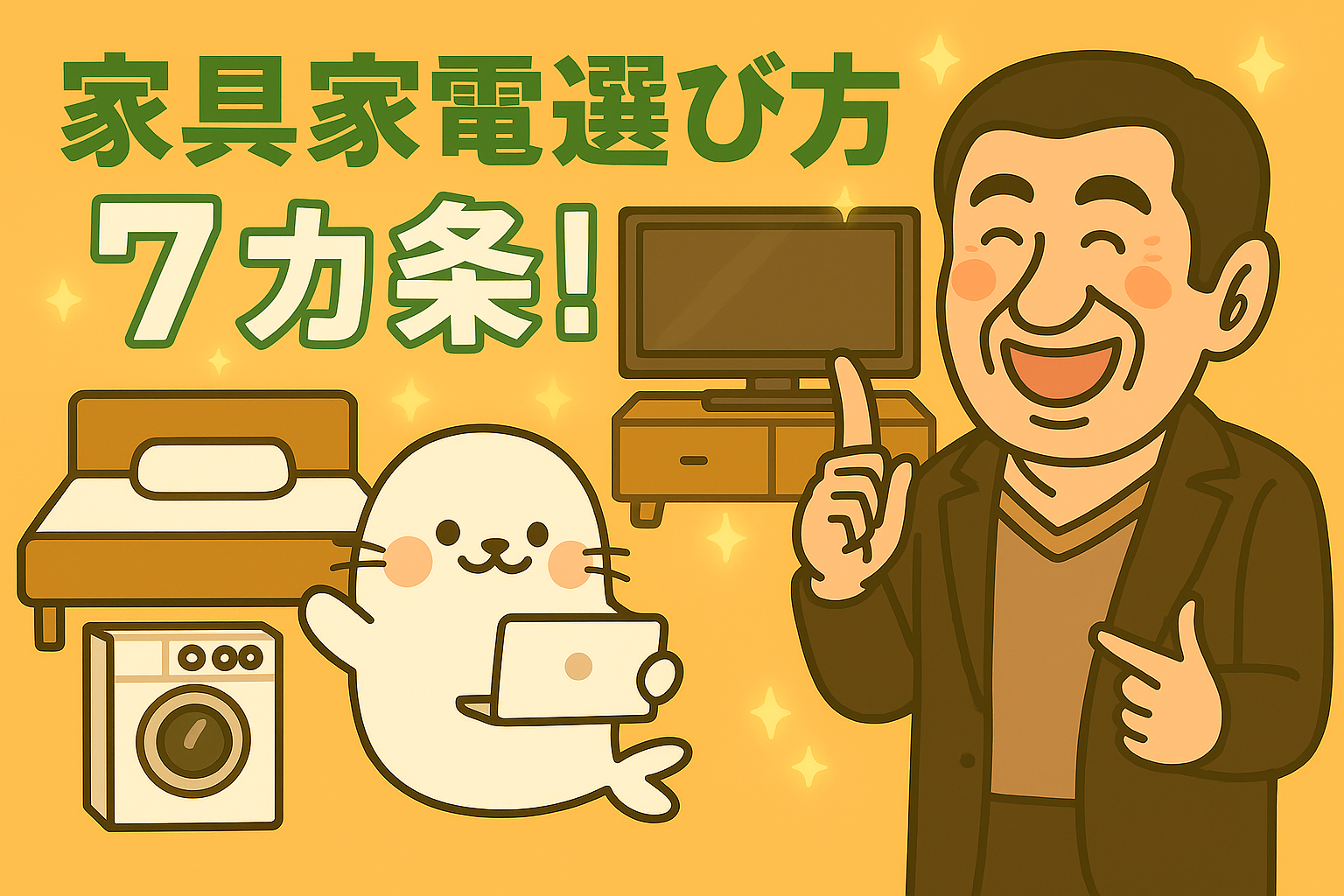 笑顔でポイントを指し示す中年男性と、ノートパソコンを持つあざらしちゃんが「家具家電選び方7カ条」を紹介するイラスト。ベッド、洗濯機、テレビ台などの家具家電が描かれている。