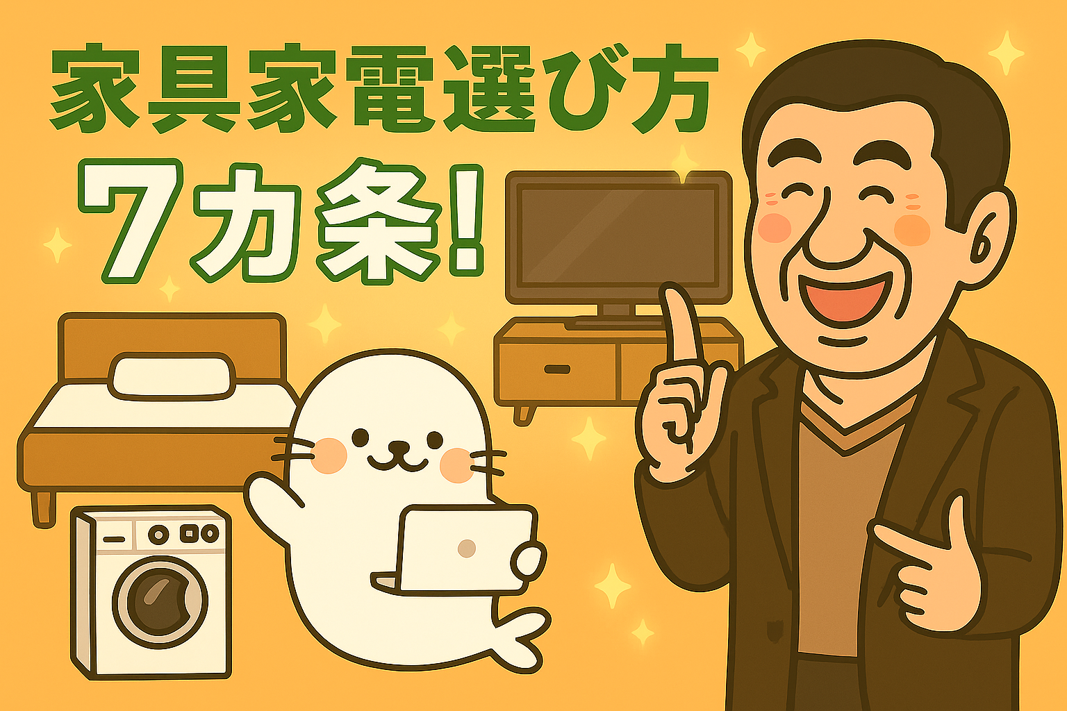 笑顔でポイントを指し示す中年男性と、ノートパソコンを持つあざらしちゃんが「家具家電選び方7カ条」を紹介するイラスト。ベッド、洗濯機、テレビ台などの家具家電が描かれている。