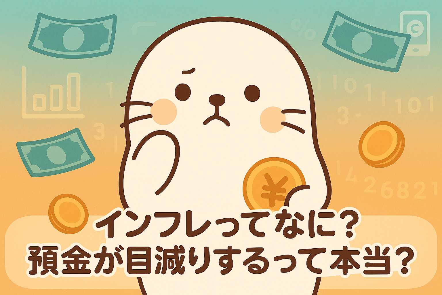 「インフレってなに？預金が目減りするって本当？」という文字と、不安そうな表情で硬貨を握る白いあざらしキャラクターのイラスト。背景にはお金や数字、グラフのモチーフ。