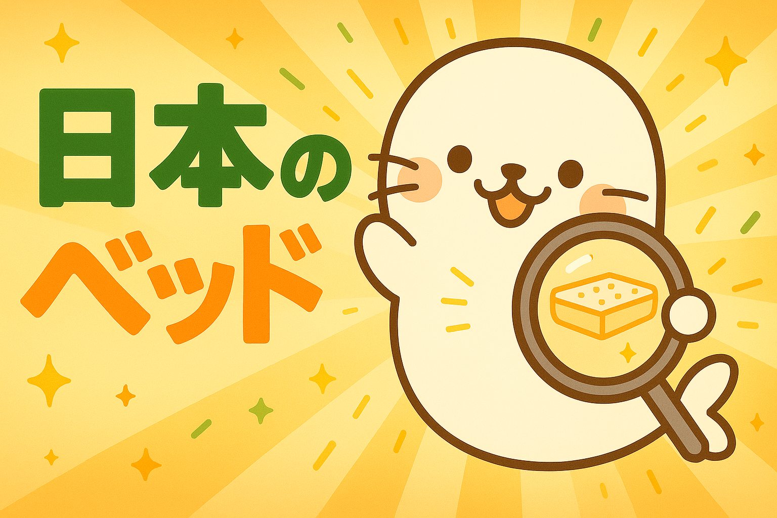 日本のベッドを紹介するあざらしちゃんのイラスト。虫メガネでマットレスを調査している様子。