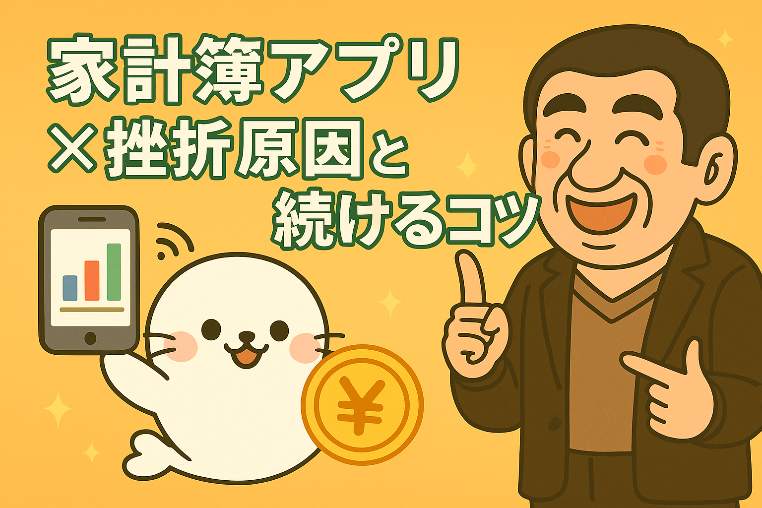 家計簿アプリの挫折原因と継続のコツを紹介するイラスト。アザラシのキャラクターと男性アドバイザーが登場。