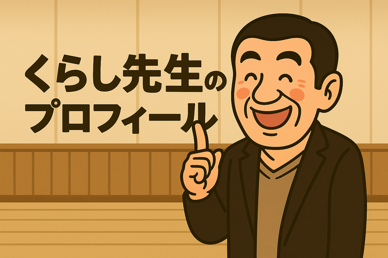 指を立てて笑顔で話す中年男性のイラストと「くらし先生のプロフィール」の文字が描かれた画像。
