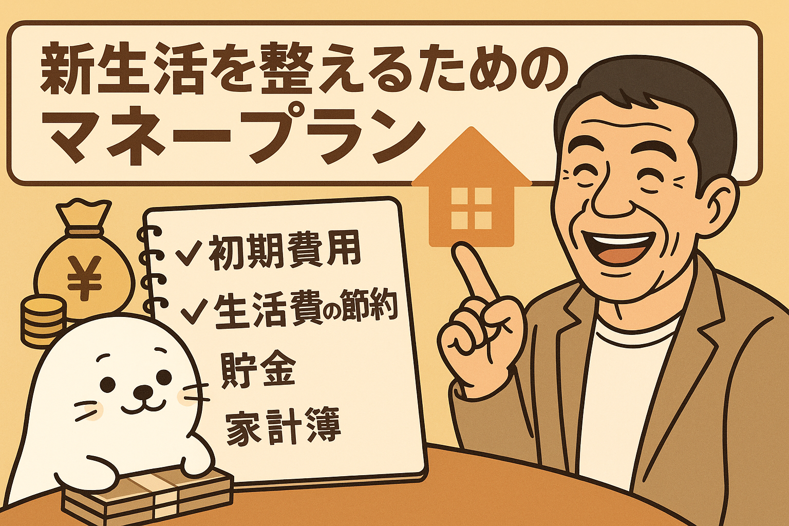 笑顔で指を立てる中年男性と、札束とノートを持つあざらしちゃんが「新生活を整えるためのマネープラン」を紹介するイラスト。ノートには「初期費用」「生活費の節約」「貯金」「家計簿」と書かれている。
