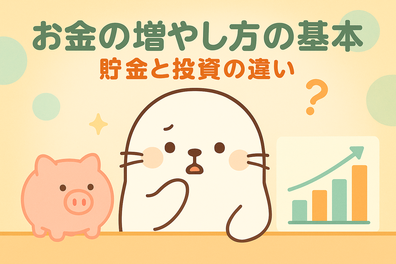 「お金の増やし方の基本　貯金と投資の違い」という文字と、貯金箱・グラフ・？マークの間で迷っている表情のあざらしキャラクターのイラスト。