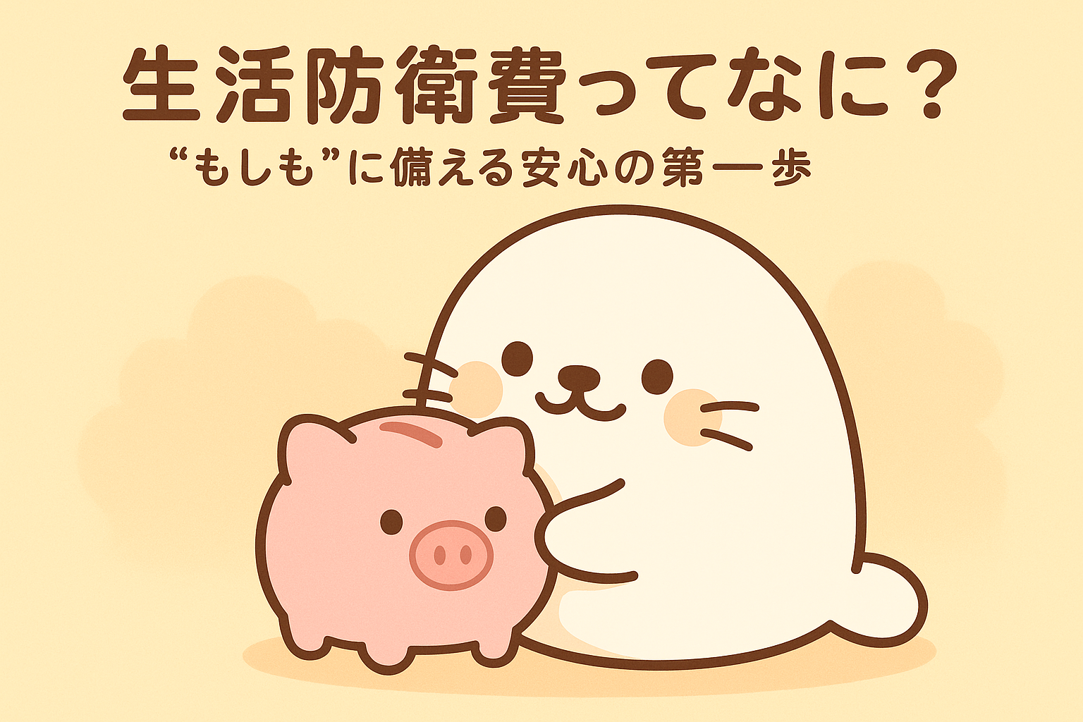 「生活防衛費ってなに？“もしも”に備える安心の第一歩」と書かれた文字と、ピンクの貯金箱（ブタさん）を大切に抱えている白いあざらしキャラクターのイラスト。