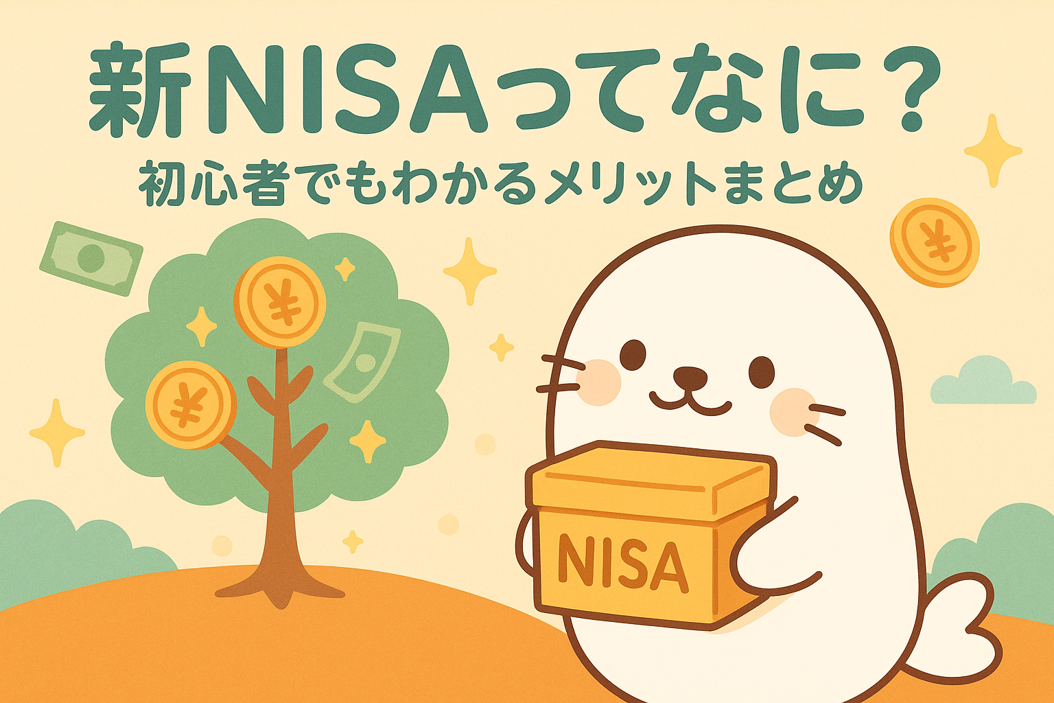 「新NISAってなに？初心者でもわかるメリットまとめ」というタイトルと、NISAの箱を抱えている白いあざらしキャラクターのイラスト。背景にはお金が実る木や紙幣が舞っている。