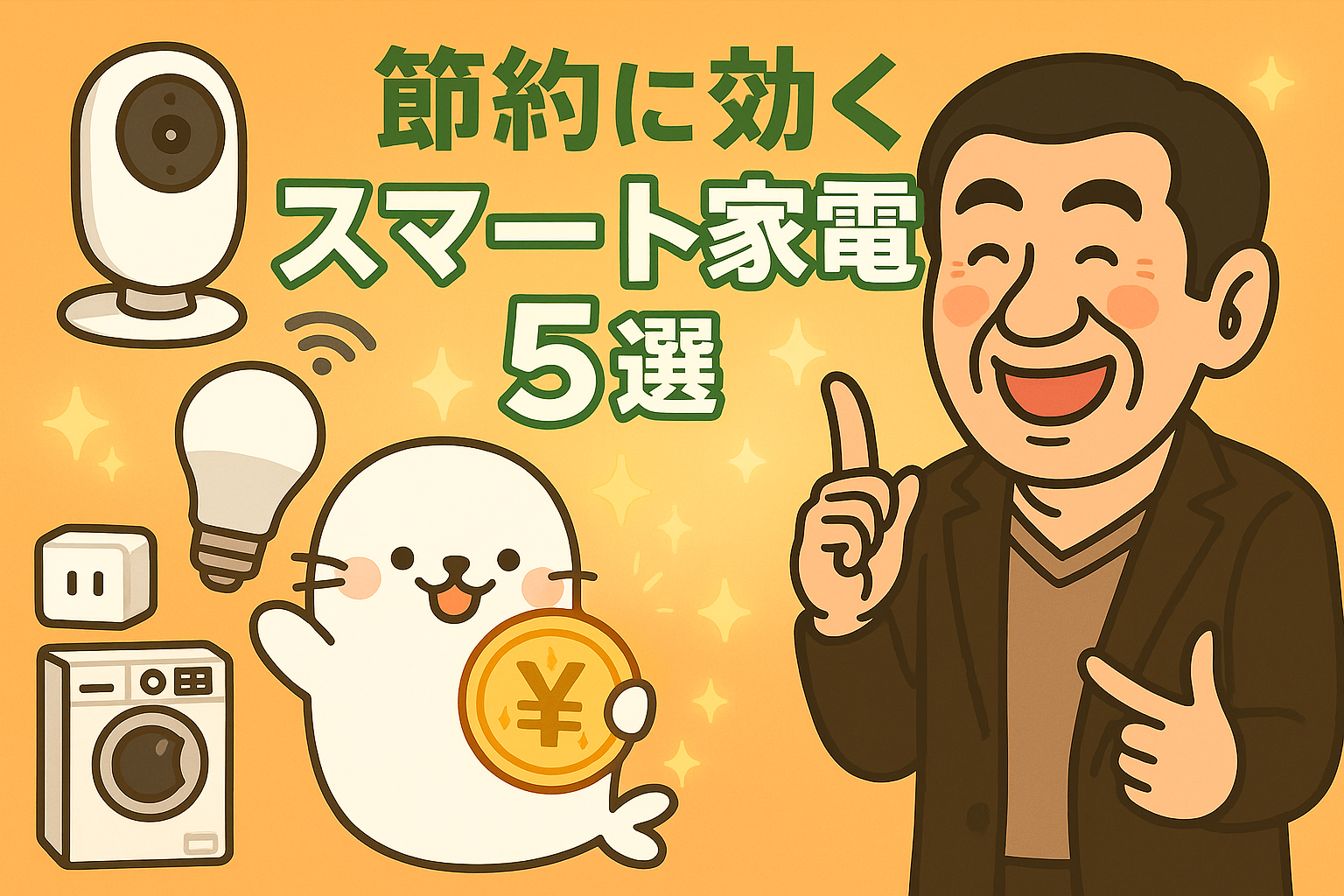 笑顔で指を立てる中年男性と、コインを持ったあざらしちゃん、スマート家電のイラストが描かれた「節約に効くスマート家電5選」の画像。
