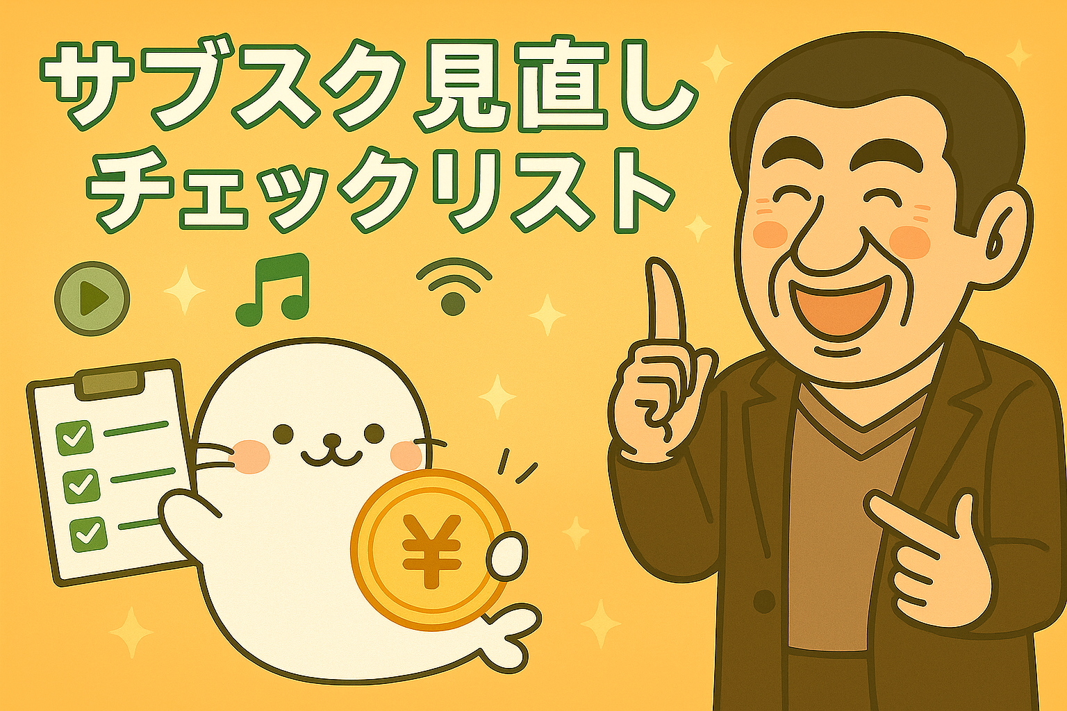 サブスク見直しチェックリストをテーマにしたイラスト。あざらしちゃんがチェックリストとコインを持ち、笑顔の男性キャラクターが指を立てて節約の重要性を示している。音楽・動画・Wi-Fiのアイコンも配置。