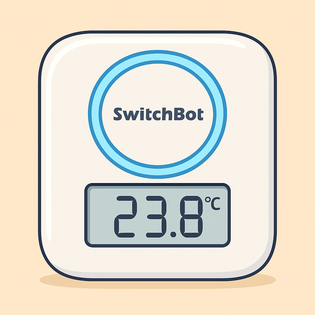 SwitchBotのスマート温湿度計のイラスト。室温23.8℃を表示するコンパクトなデジタルセンサー。