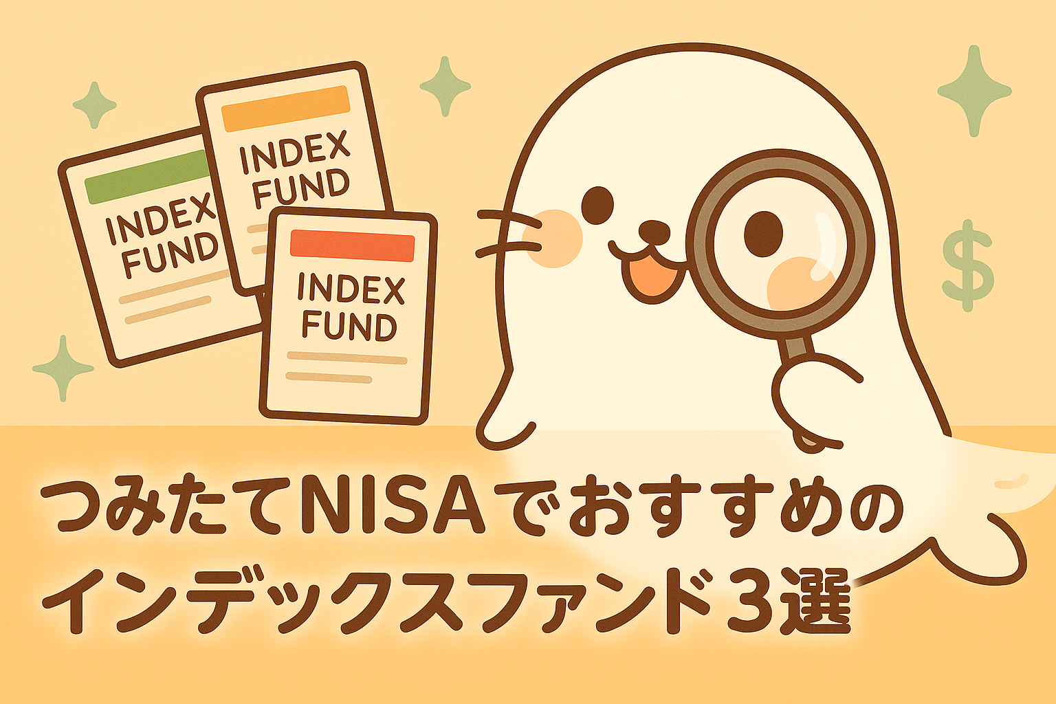 拡大鏡を持ったあざらしちゃんと、3種類のINDEX FUND（インデックスファンド）のイラスト。「つみたてNISAでおすすめのインデックスファンド3選」のタイトル。