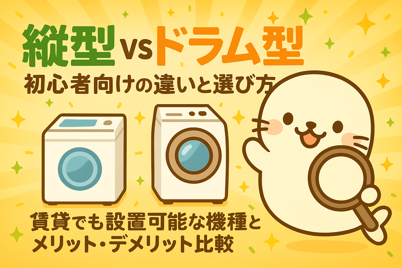 縦型とドラム型の洗濯機を比較するイラストと、ルーペを持ったあざらしキャラクター。