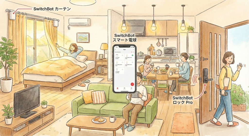 SwitchBotのスマートカーテン、スマート電球、スマートロックを使って、家の中の暮らしを自動化している様子を描いたイラスト
