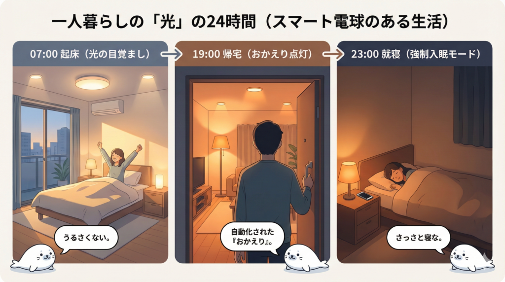 一人暮らしの1日の生活を、スマート電球による光の自動化で表現した図解イラスト。朝は自然に目覚め、帰宅時は自動点灯、夜は落ち着いた照明でスムーズに就寝する様子が描かれている
