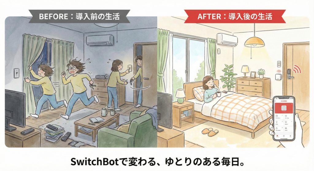 SwitchBot導入前の慌ただしい生活と、導入後にスマートフォン操作で照明やカーテンを自動化し、ゆとりのある毎日を過ごす様子を比較したイラスト