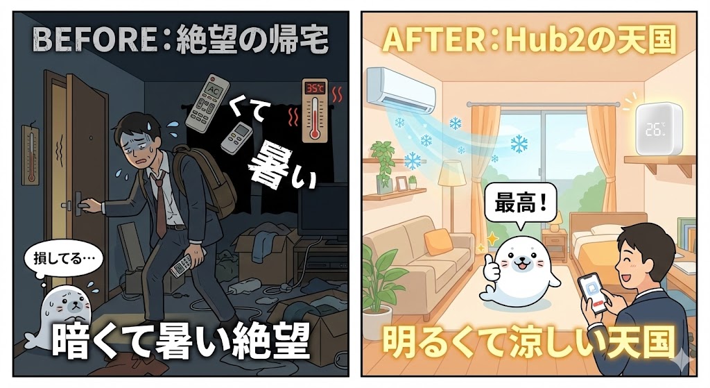 SwitchBot Hub2導入前後の帰宅シーン比較。導入前は暗くて暑い部屋に疲れて帰宅する様子、導入後はエアコンと照明が自動でONになり、明るく涼しい快適な部屋で迎えられる様子を対比している。
