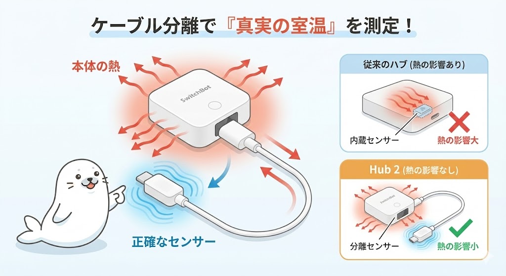 SwitchBot Hub 2のケーブル分離センサーで本体の熱影響を受けず正確な室温を測定する仕組み