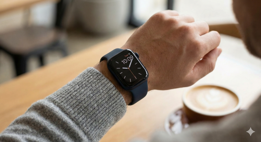 カフェでコーヒーを飲みながらApple Watchで時間を確認している手元の様子。スマートフォンを取り出さずに自然な動作で時間管理ができるスマートウォッチの日常利用シーン