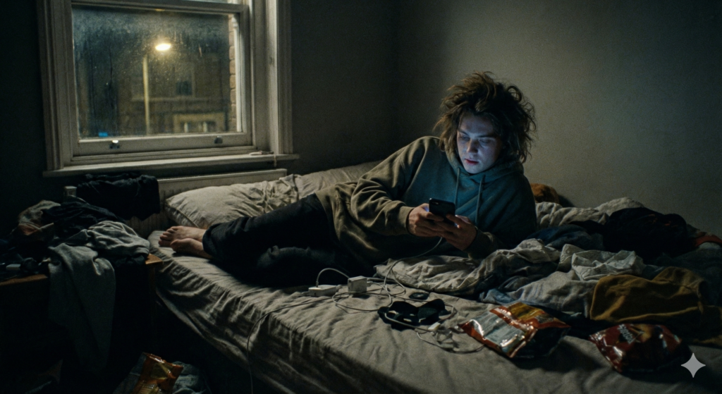 朝夜の暗い部屋でベッドに横たわり、散らかった寝具と充電ケーブルに囲まれながらスマートフォンを見続けてしまう、意志力に頼った生活で時間を浪費しているBeforeの状態を表した写真