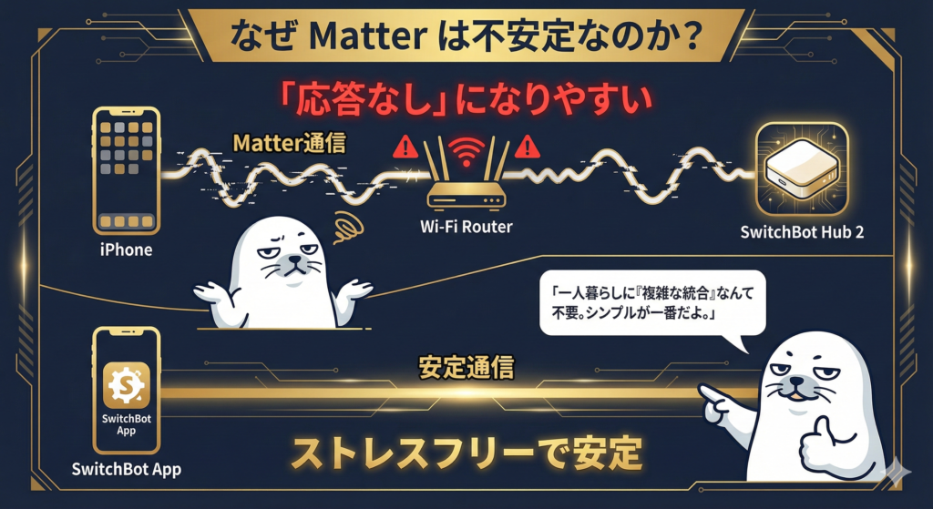 Matterが不安定で「応答なし」になりやすい原因を、iPhone・Wi-Fiルーター・SwitchBot Hub 2の通信経路で説明した図解