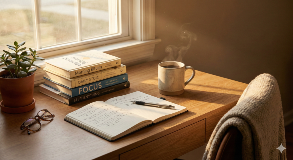 朝の自然光が入るデスクで、コーヒーを飲みながら読書とノート記録を行う集中ルーティンの様子。自己投資や朝活に適した落ち着いた作業環境を表している