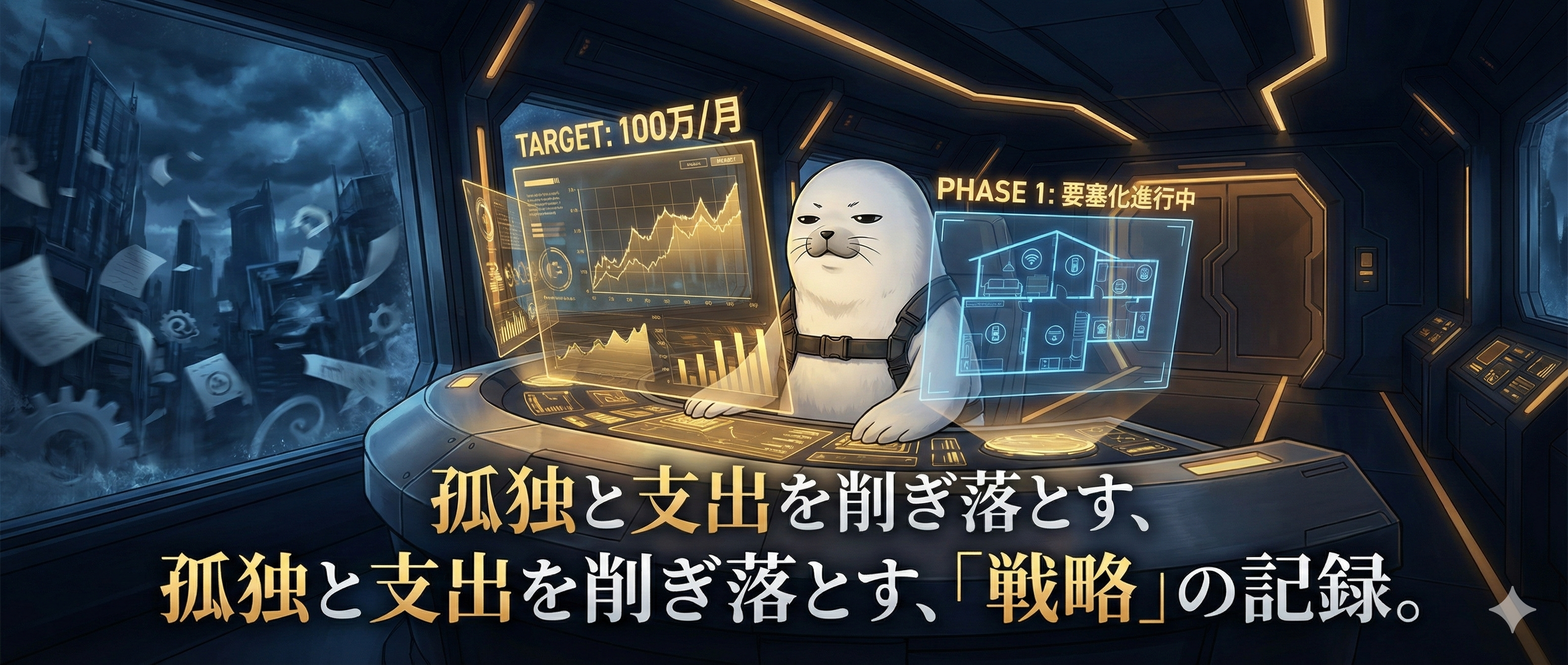 宇宙船の操作席でホログラムのグラフと間取り図を見ながら戦略を立てる白いアザラシのサムネイル画像（TARGET:100万/月、PHASE1要塞化進行中の文字）