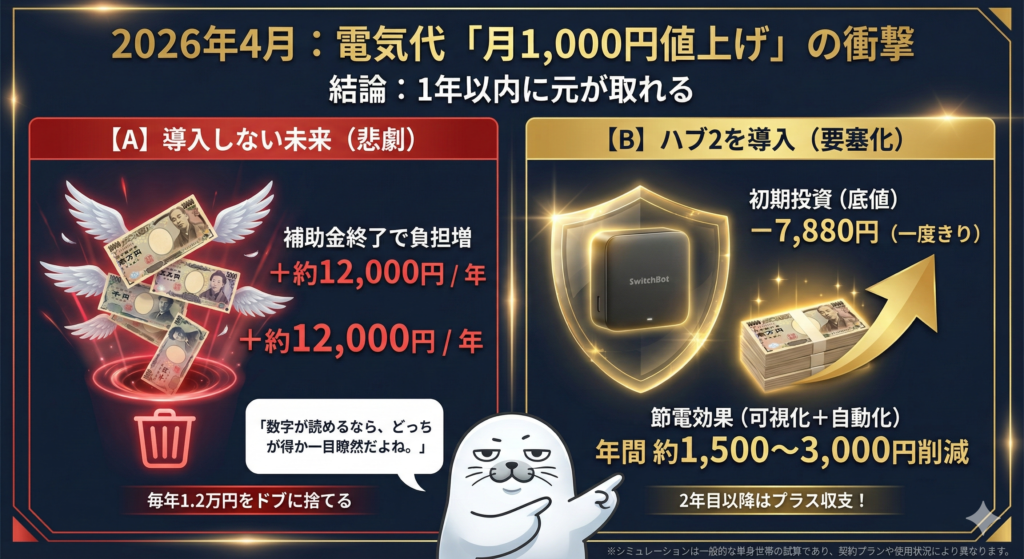 電気代の値上げをテーマに、SwitchBotハブ2「導入しない未来」と「導入する未来」を比較した図解サムネイル(要塞化・節電効果の記載あり)